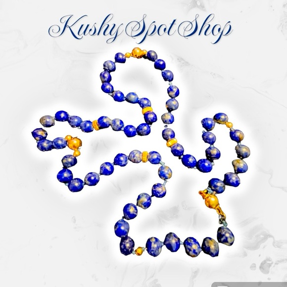 Vintage Lapiz w/ Gold Specks Stone Beads Goldtone Bead π΅βοΈ Long Necklace β¨π΅β¨π΅ - Picture 1 of 2